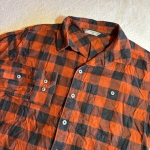 Stio Mens Orange Black Plaid Lightweight Flannel Shirt Button Up Long Sleeve S